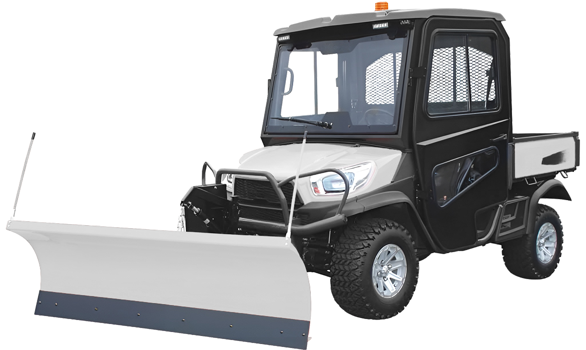 Curtis Cabs white utv with a plow, lights, A/C, and heater